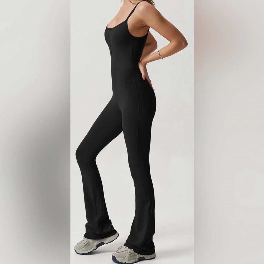 Black Women's Bodycon Flare Jumpsuit with Spaghetti Straps and Scoop neck. - Picture 4 of 7